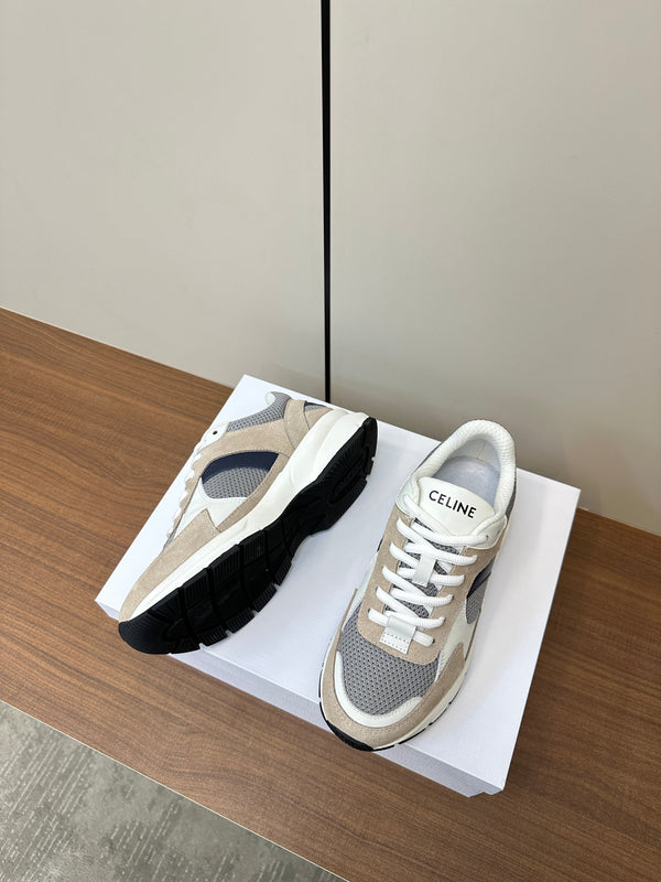 RUNNER CR-03 LOW LACE-UP SNEAKER IN PEANUT BROWN SUEDE AND WHITE CALFSKIN