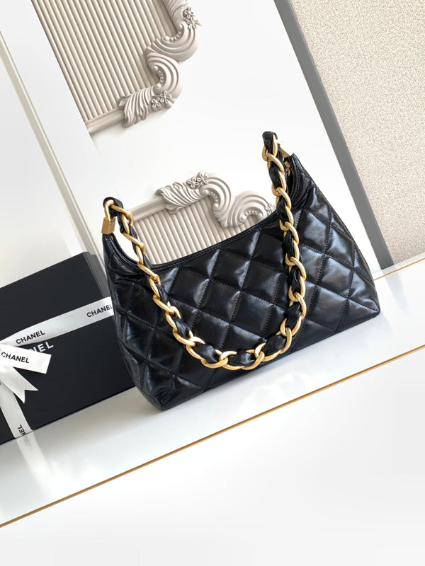 Borsa Hobo CC con catena 35 cm in pelle di agnello nera 277765 GHW