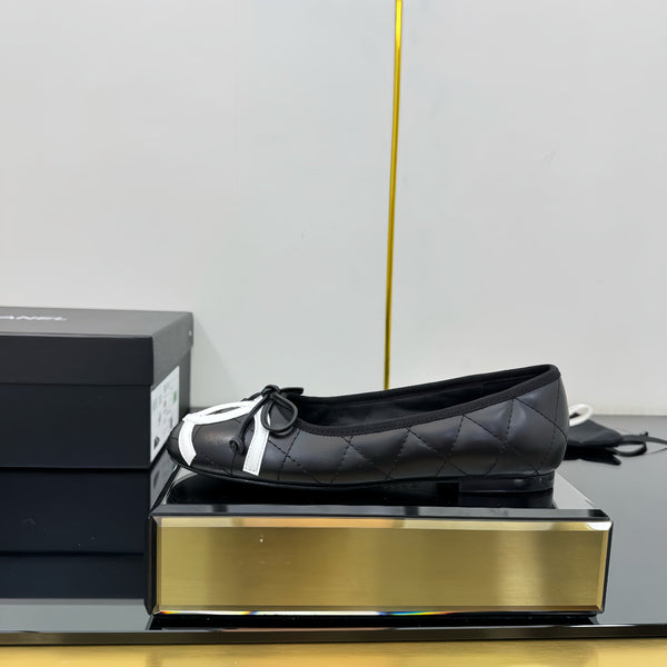 CC 25 Cambon Ballet Flat Black White Quilted Calfskin