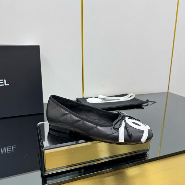 CC 25 Cambon Ballet Flat Black White Quilted Calfskin