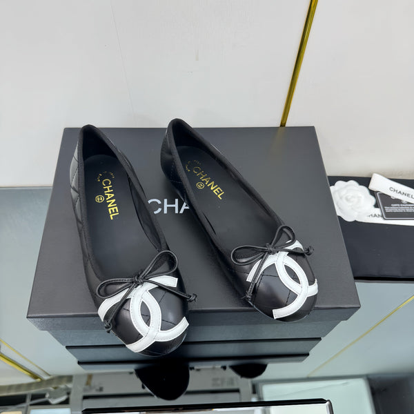 CC 25 Cambon Ballet Flat Black White Quilted Calfskin