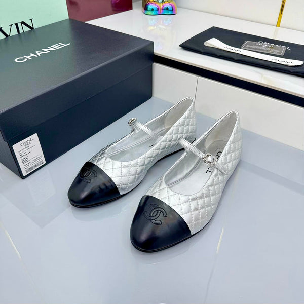 CC 25 Mary Jane in pelle di agnello nera trapuntata metallizzata argento 368132