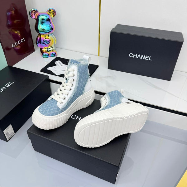 Chanel 2025 High-Top Sneakers Light Blue White Cowhide Denim Frabic 469797