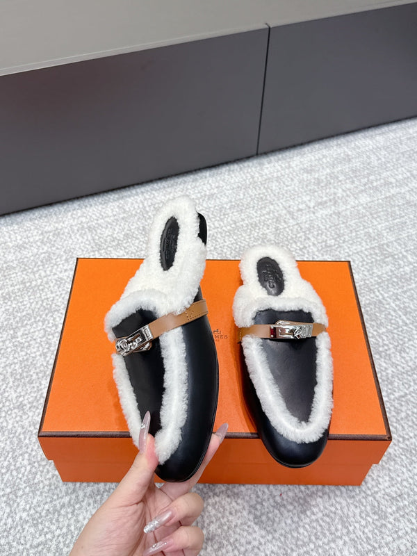 HM 25ss Oz Mule Black Goatskin And Shearling 461941