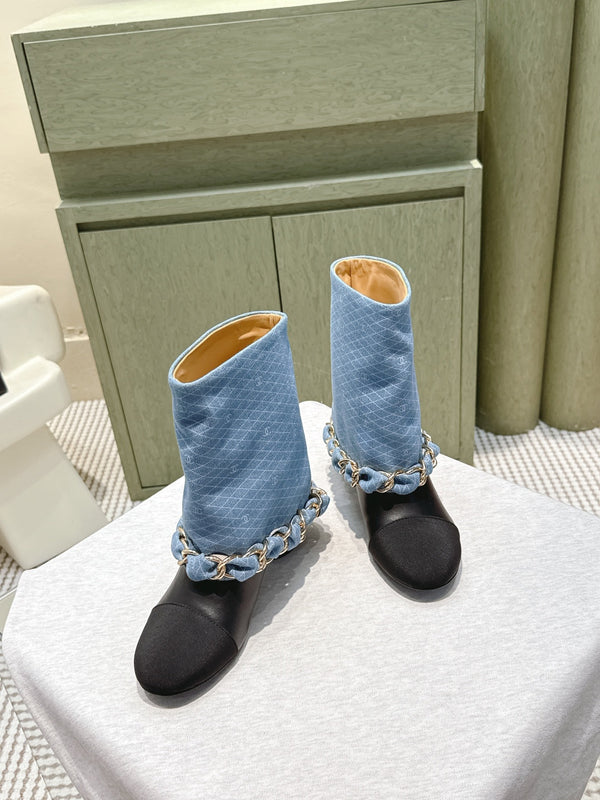 CC 25 Short Boot Blue Black Denim Fabric Calfskin 515265