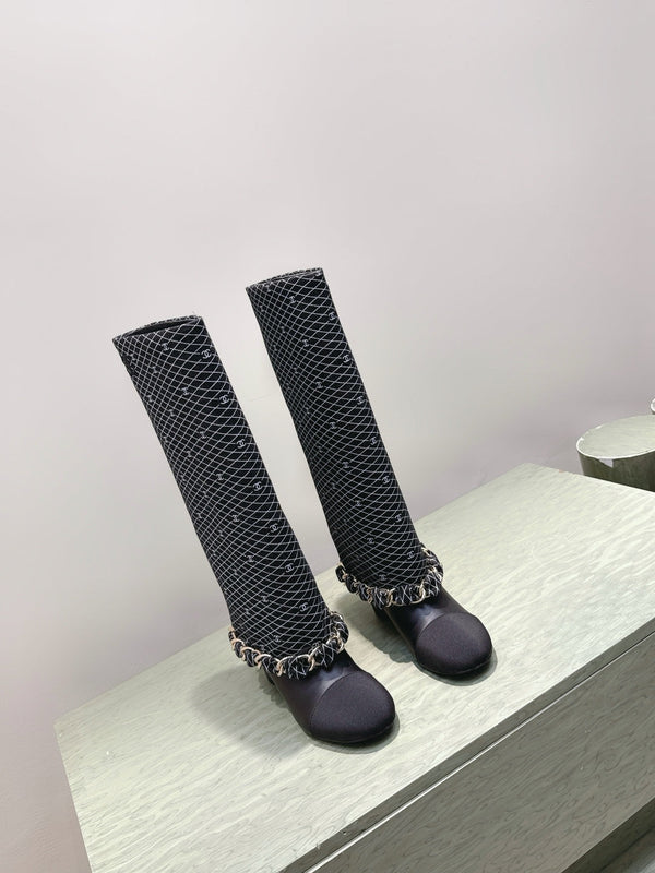 CC 25 Long Boot Black Denim Fabric Calfskin 515272