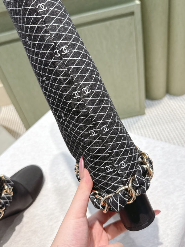 CC 25 Long Boot Black Denim Fabric Calfskin 515272