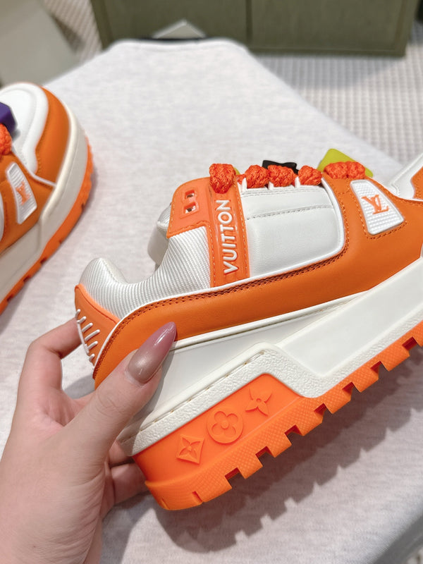LV Trainer Maxi Sneakers White and Orange Calfskin Mesh 515201