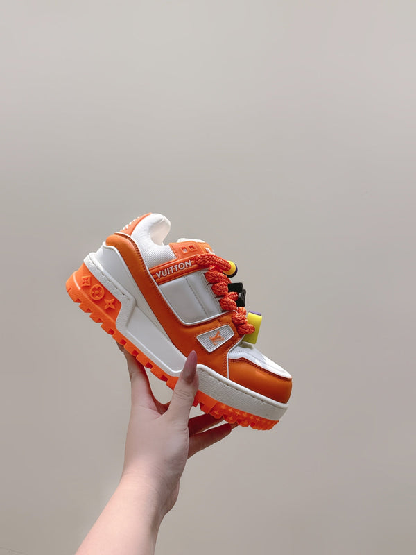 LV Trainer Maxi Sneakers White and Orange Calfskin Mesh 515201