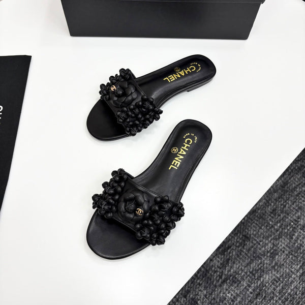 CC 25C Mules Flower Black Calfskin