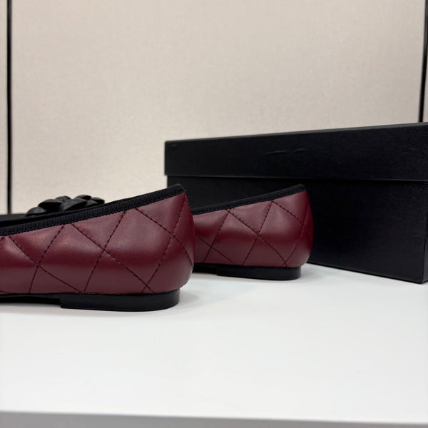 CC 25 Ballet Flat Flower Burgundy Quilted Calfskin