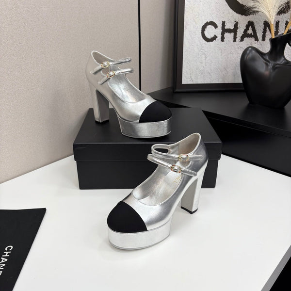 CC 25S Mary Jane Platform 11cm Silver Metalic Calfskin Grosgrain