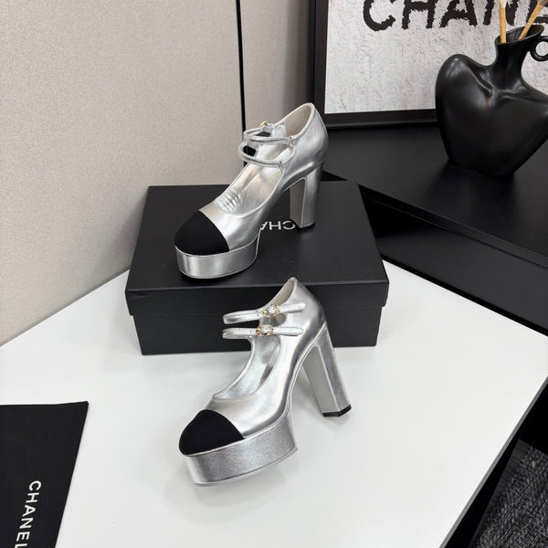 CC 25S Mary Jane Platform 11cm Silver Metalic Calfskin Grosgrain