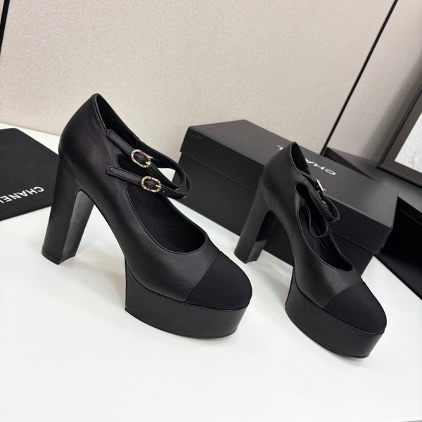 CC 25S Mary Jane Platform 11cm Black Calfskin Grosgrain