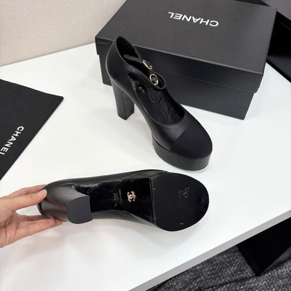 CC 25S Mary Jane Platform 11cm Black Calfskin Grosgrain