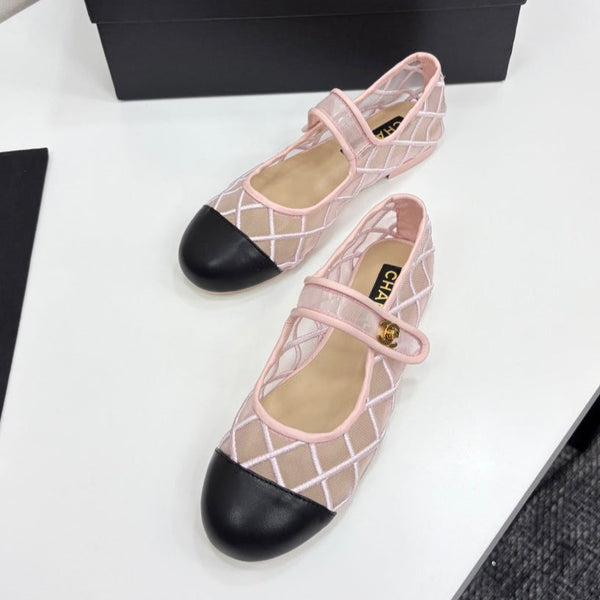 CC 25 Mary Jane White Pink Mesh Black Calfskin