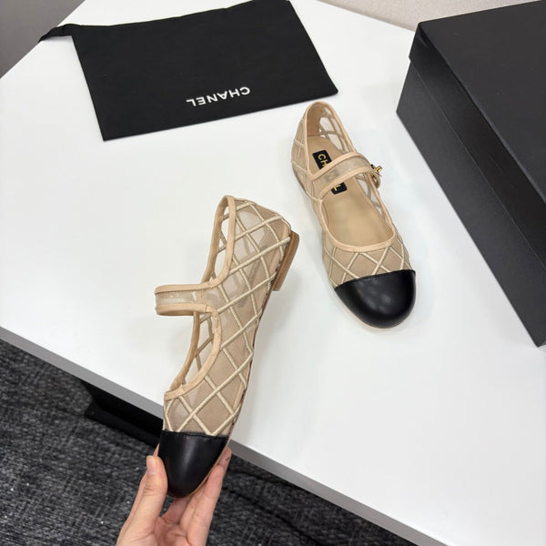 CC 25 Mary Jane Beige Mesh Black Calfskin