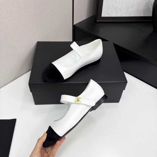 CC 25 Mary Janes In White Sheepskin And Black Grosgrain 352466