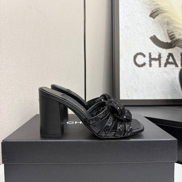 CC 25 Camellia Open Heel Mule Sandals 90mm Black Coarse Glitter Fabric And Sheepskin 368846