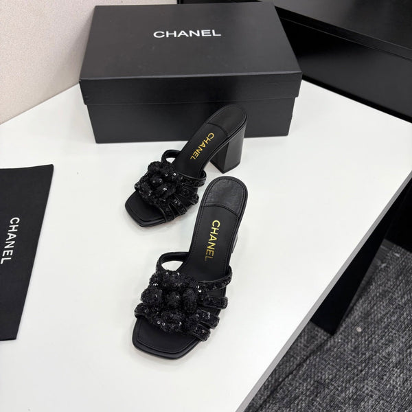 CC 25 Camellia Open Heel Mule Sandals 90mm Black Coarse Glitter Fabric And Sheepskin 368846
