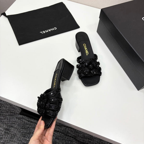 CC 25 Camellia Open Heel Mule Sandals 50mm Black Coarse Glitter Fabric And Sheepskin 368856