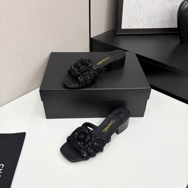 CC 25 Camellia Open Heel Mule Sandals 50mm Black Coarse Glitter Fabric And Sheepskin 368856