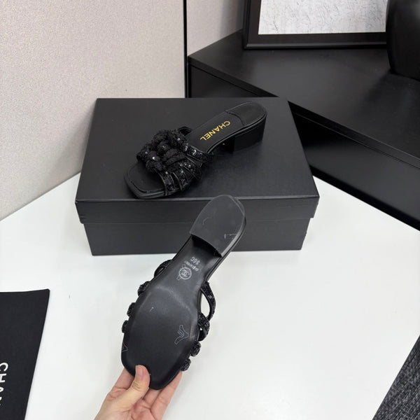 CC 25 Camellia Open Heel Mule Sandals 50mm Black Coarse Glitter Fabric And Sheepskin 368856