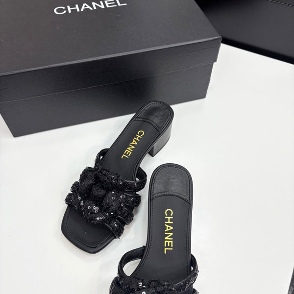 CC 25 Camellia Open Heel Mule Sandals 50mm Black Coarse Glitter Fabric And Sheepskin 368856