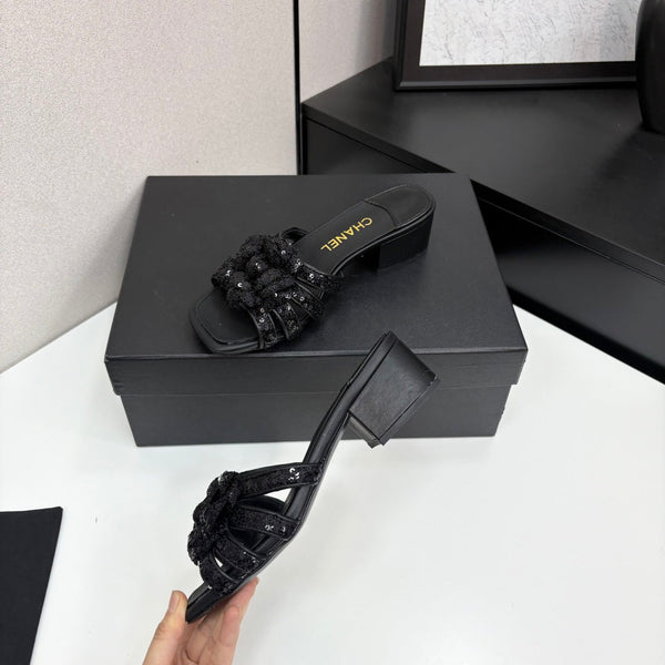 CC 25 Camellia Open Heel Mule Sandals 50mm Black Coarse Glitter Fabric And Sheepskin 368856