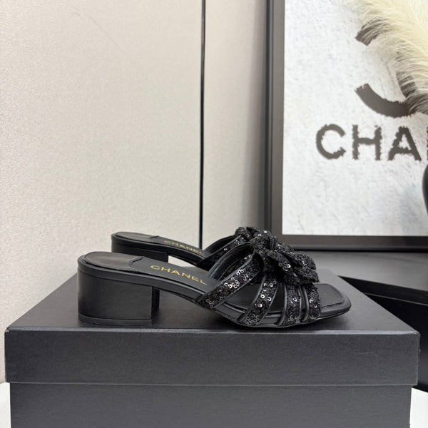 CC 25 Camellia Open Heel Mule Sandals 50mm Black Coarse Glitter Fabric And Sheepskin 368856