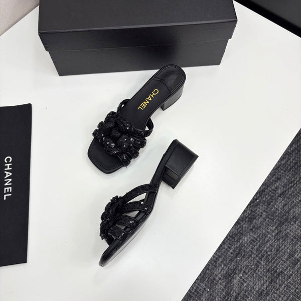 CC 25 Camellia Open Heel Mule Sandals 50mm Black Coarse Glitter Fabric And Sheepskin 368856