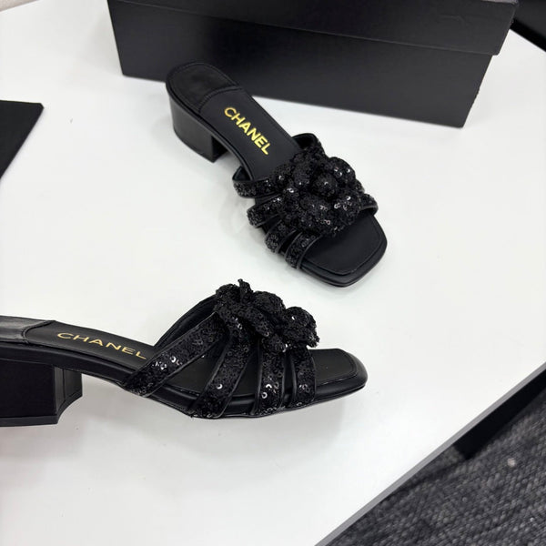 CC 25 Camellia Open Heel Mule Sandals 50mm Black Coarse Glitter Fabric And Sheepskin 368856