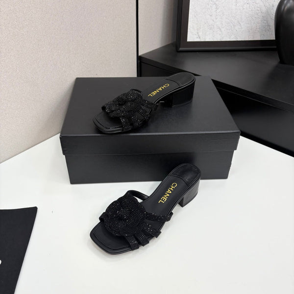 CC 25 Camellia Open Heel Mule Sandals 50mm Black Stone Grain And Sheepskin 368860