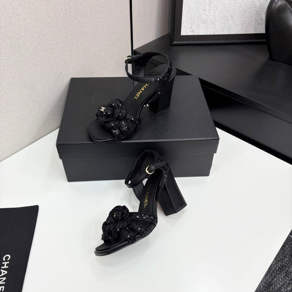 CC 25 Camellia Open Heel Sandals 90mm Black Coarse Glitter Fabric And Sheepskin 368818