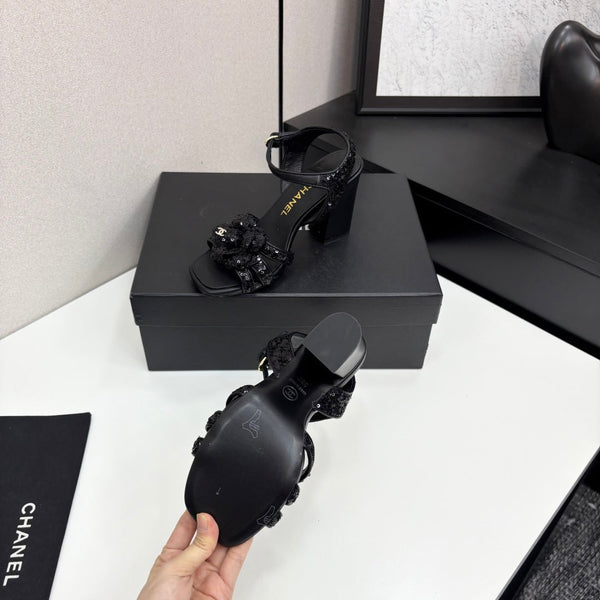 CC 25 Camellia Open Heel Sandals 90mm Black Coarse Glitter Fabric And Sheepskin 368818