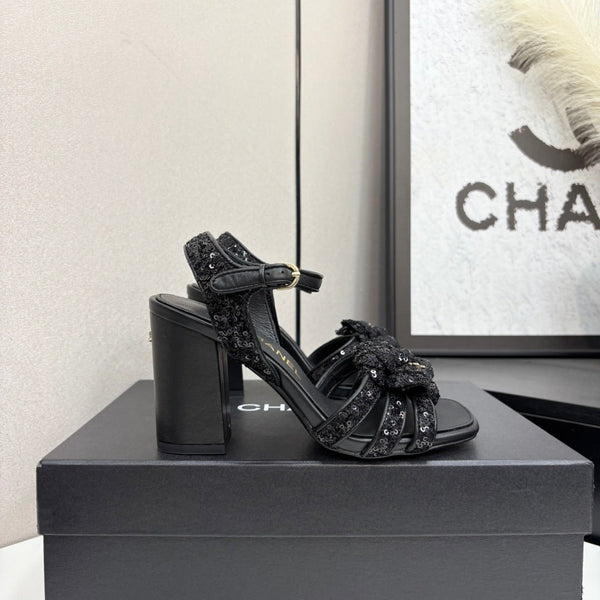 CC 25 Camellia Open Heel Sandals 90mm Black Coarse Glitter Fabric And Sheepskin 368818
