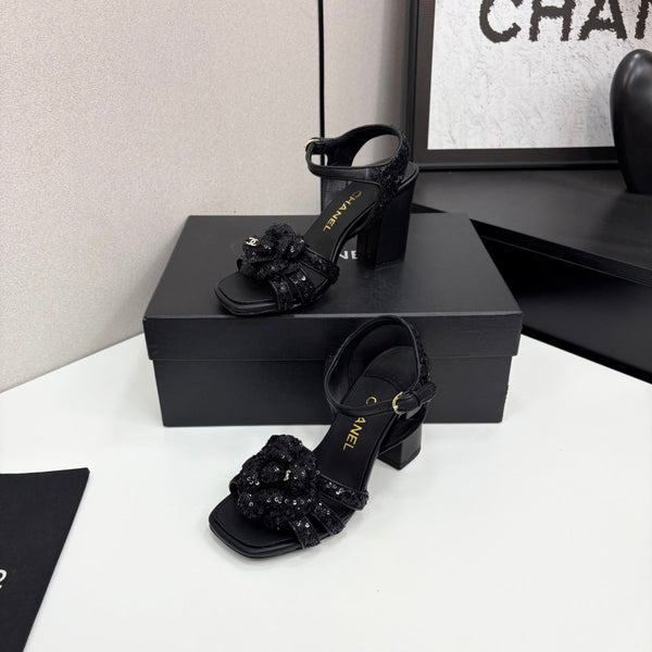 CC 25 Camellia Open Heel Sandals 90mm Black Coarse Glitter Fabric And Sheepskin 368818