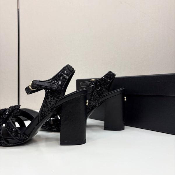 CC 25 Camellia Open Heel Sandals 90mm Black Coarse Glitter Fabric And Sheepskin 368818