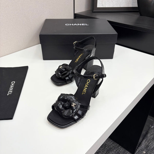 CC 25 Camellia Open Heel Sandals 90mm Black Sheepskin 368820