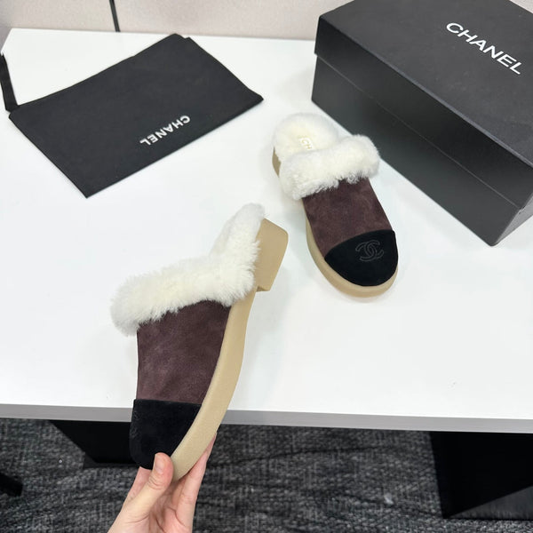 CC furry mule dark brown black suede and wool 532572