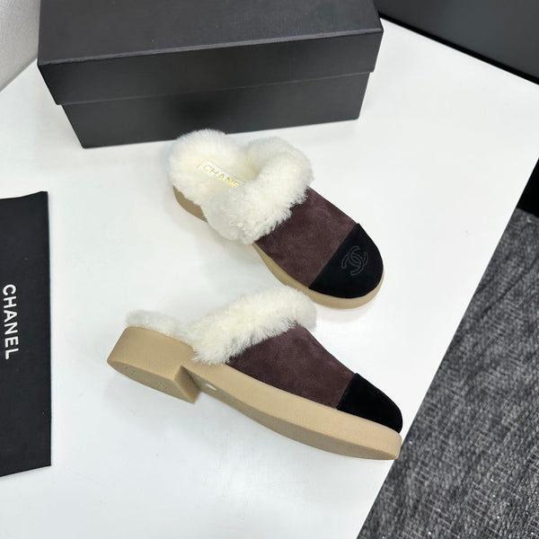 CC furry mule dark brown black suede and wool 532572