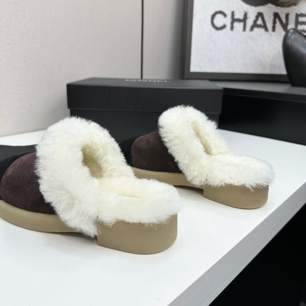 CC furry mule dark brown black suede and wool 532572