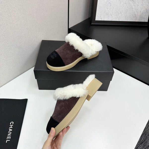 CC furry mule dark brown black suede and wool 532572