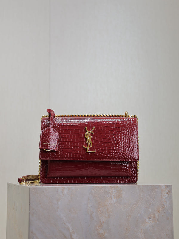 YSL Medium Sunset Shoulder Bag 22cm Burgundy Crocodile Pattern Leather