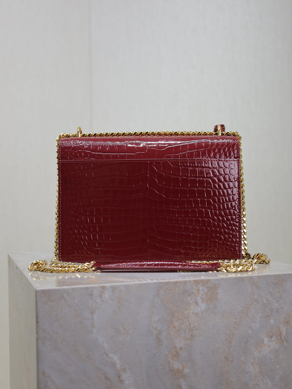 YSL Medium Sunset Shoulder Bag 22cm Burgundy Crocodile Pattern Leather