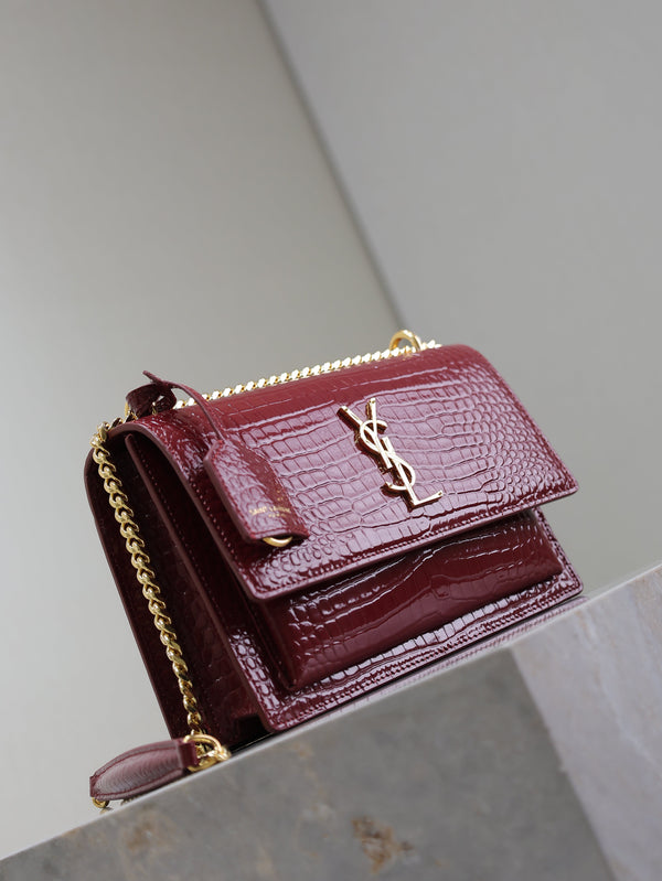 YSL Medium Sunset Shoulder Bag 22cm Burgundy Crocodile Pattern Leather