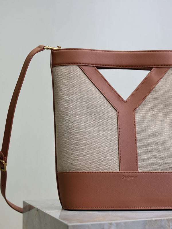 Prada Y Small Bucket 23cm Caramel Beige Canvas Leather