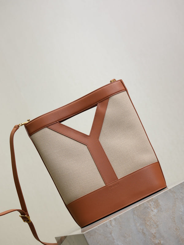 Prada Y Small Bucket 23cm Caramel Beige Canvas Leather