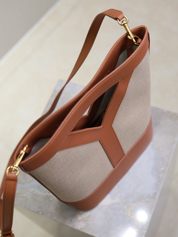 Prada Y Small Bucket 23cm Caramel Beige Canvas Leather