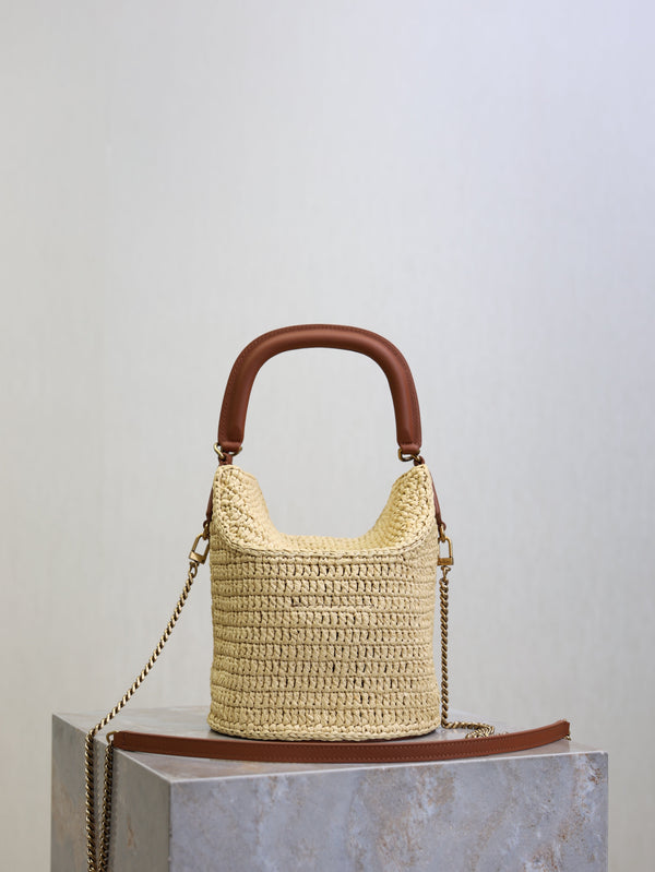 Prada Gaby Bucket 17cm Brown Beige Raffia Leather GHW